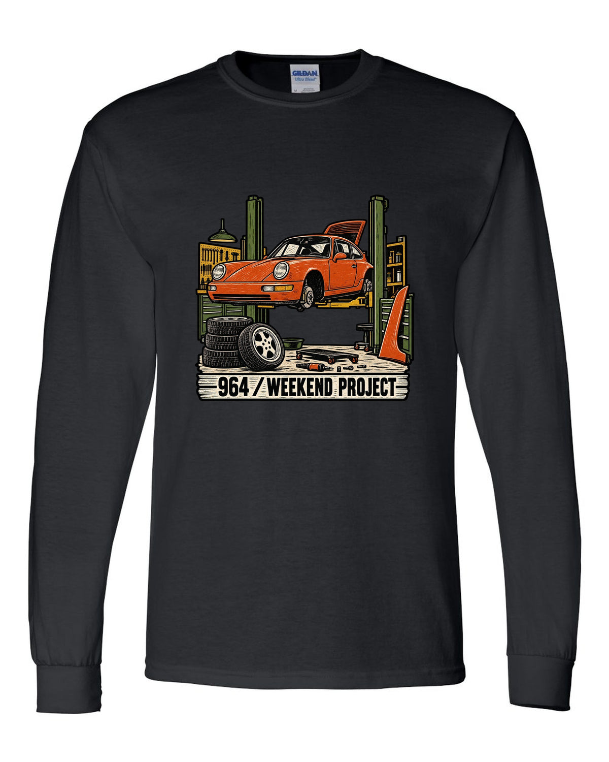 Linocut-style print of a Porsche 911 964 outlaw build with the text 964 Weekend Project black long sleeve front view with the design