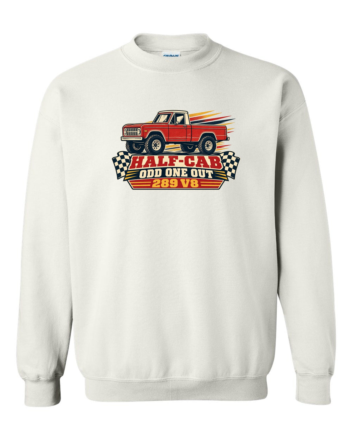 Vintage race poster art of a 1966-72 Ford Bronco U14 half-cab with HALF-CAB ODD ONE OUT lettering white crewneck front view with the design