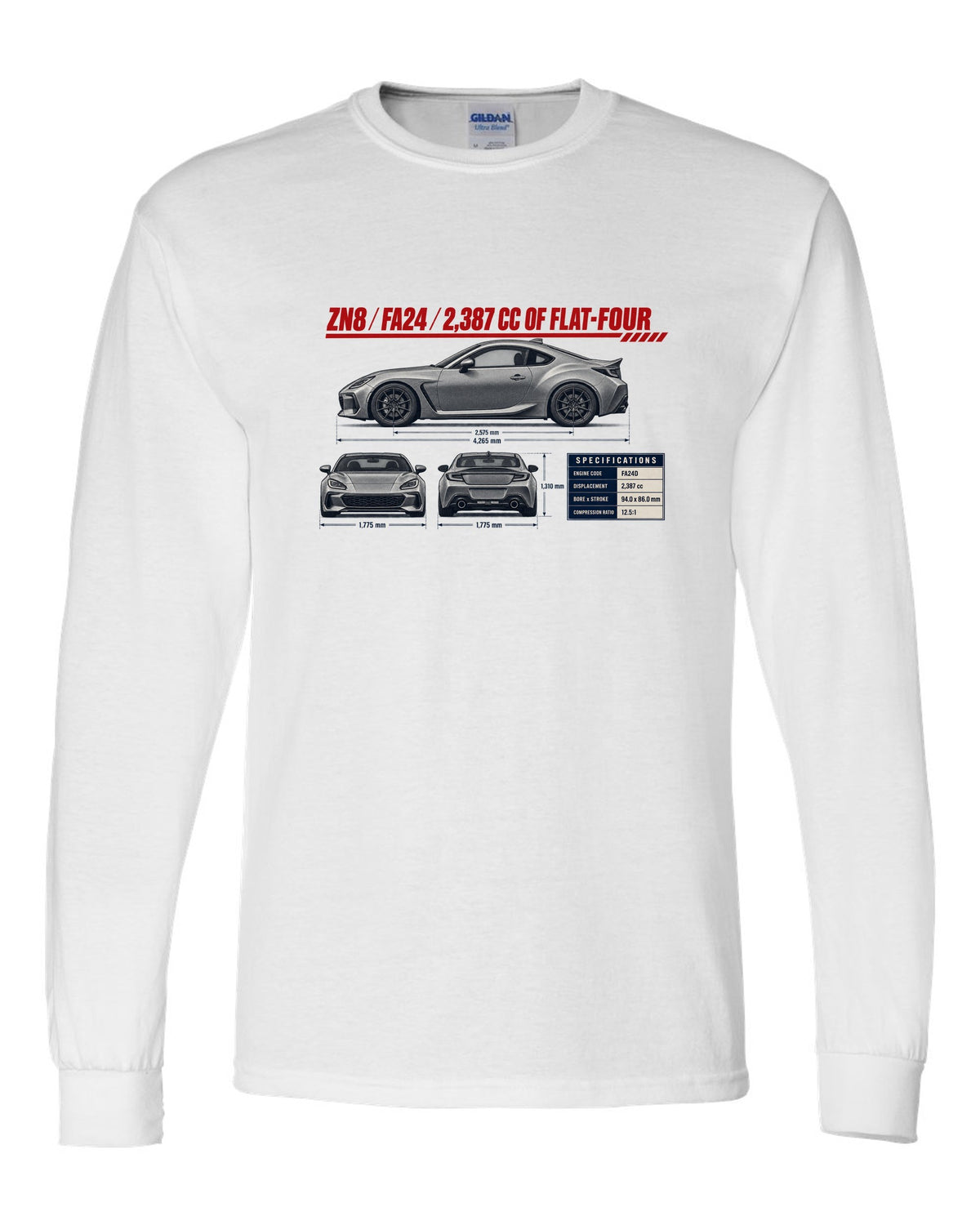 Three-view drawing with spec table of a Toyota GR86 ZN8, poster-style print white long sleeve front view with the design