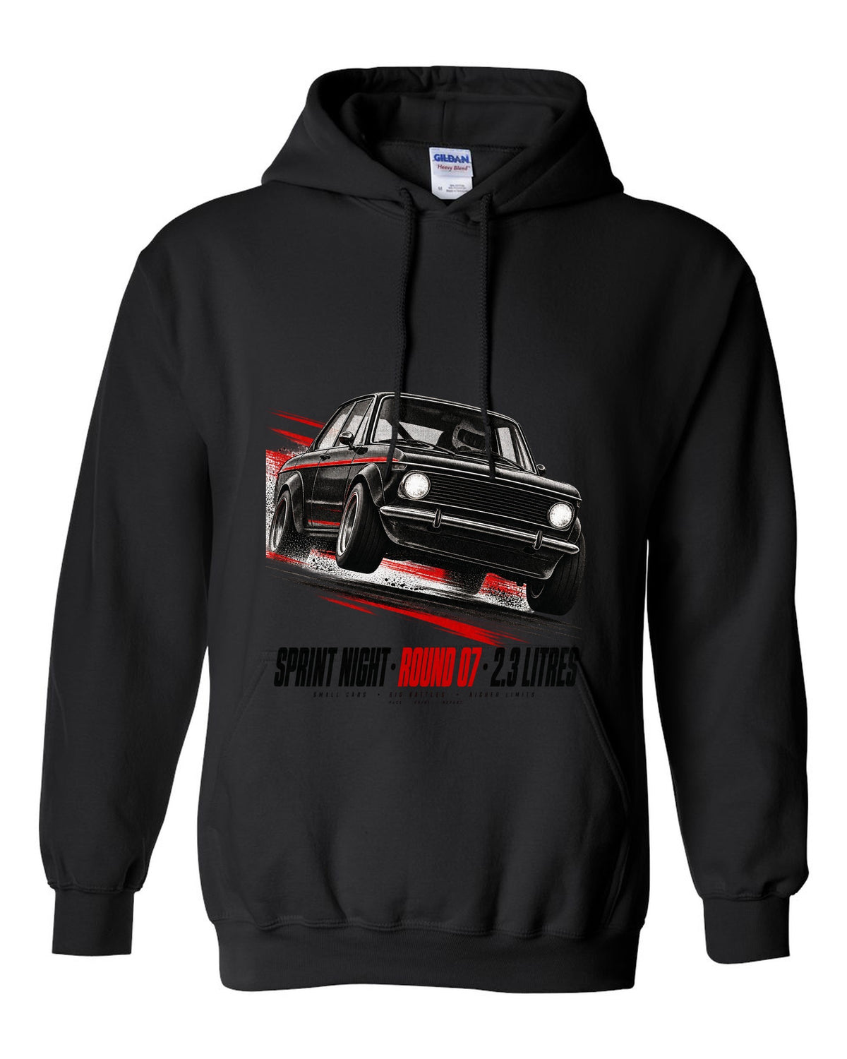 BMW E30 M3 race poster print titled Sprint Night Round 07 with 2.3 litres text black pull over hoodie front view with the design