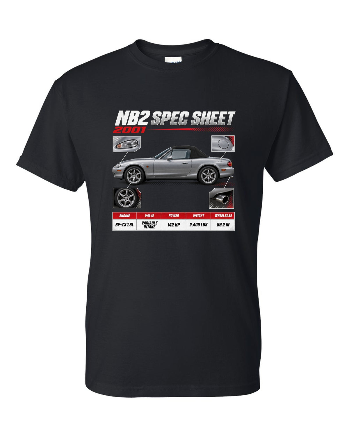 Spec poster print for the 2001 Mazda MX-5 NB2 reading NB2 spec sheet, 2001, variable intake black t-shirt front view with the design