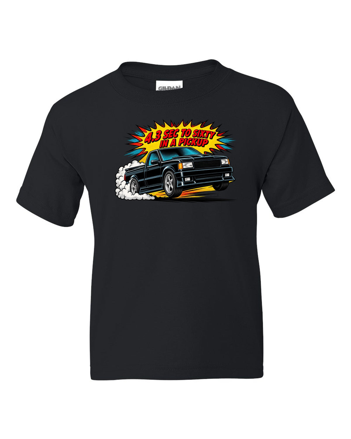 Comic halftone pop-art launch burst print of a 1991 GMC Syclone with 4.3 sec to sixty text black kids tee front view with the design