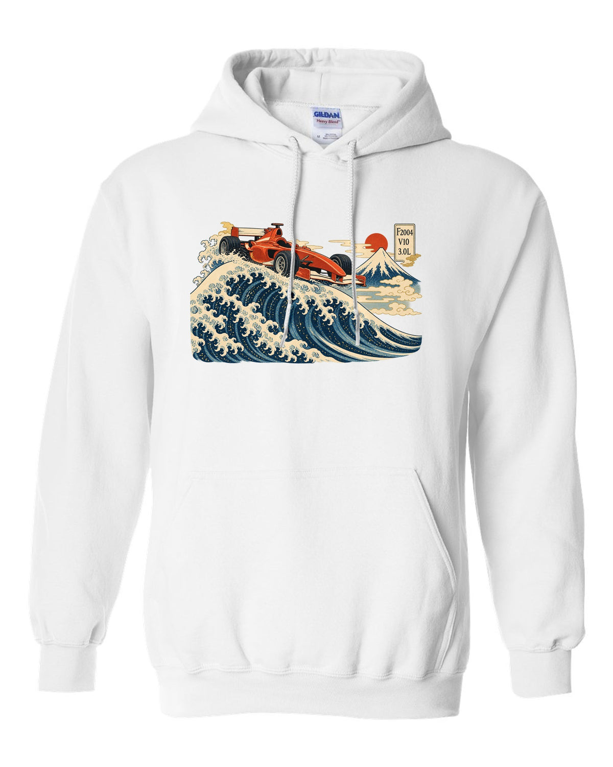 Woodblock print style Ferrari F2004 Formula 1 car in front of a wave with V10 lettering white pull over hoodie front view with the design