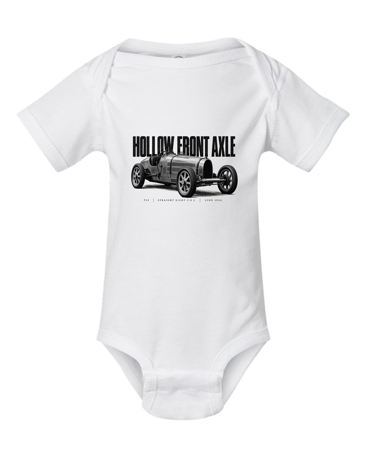 Bugatti Type 35 1924 hollow axle halftone print white baby onesie front view with the design