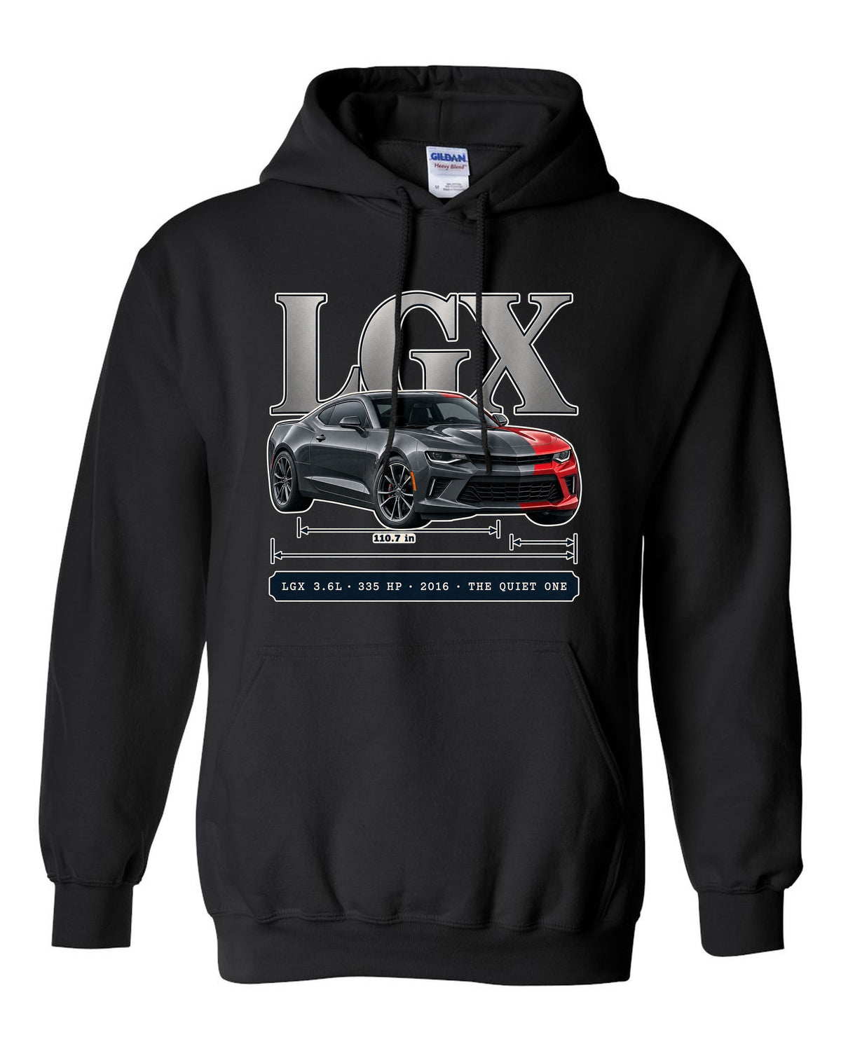 Archive panel print of a 2016 Chevrolet Camaro V6 with LGX 3.6L black pull over hoodie front view with the design