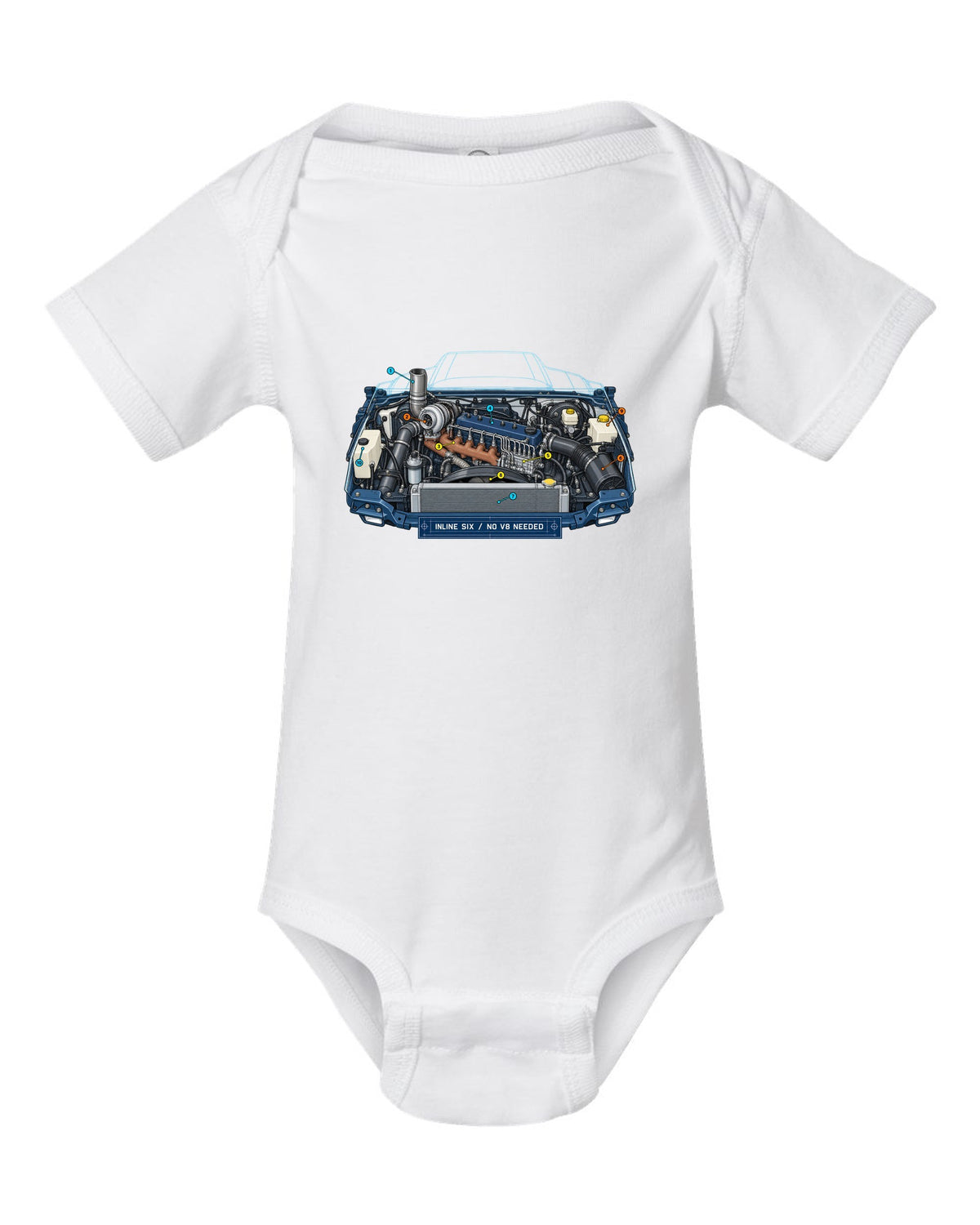 Blueprint-style print of a 1994-1998 Dodge Ram 2nd gen 5.9 inline-six diesel engine bay white baby onesie front view with the design
