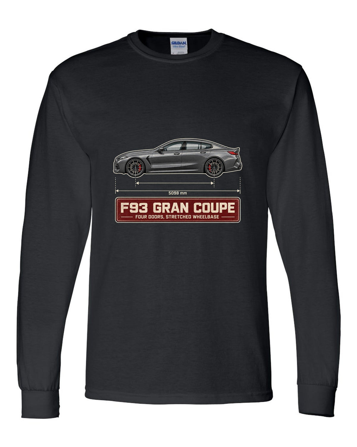 BMW M8 Competition Gran Coupe F93 blueprint print on a tee black long sleeve front view with the design
