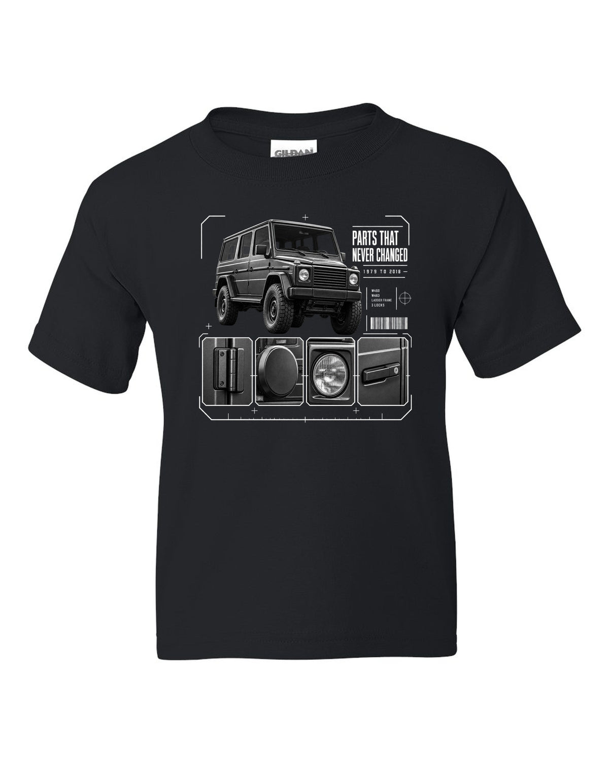 Three-panel dossier print of a Mercedes G-Class W463 with Parts T Never Changed lettering black kids tee front view with the design