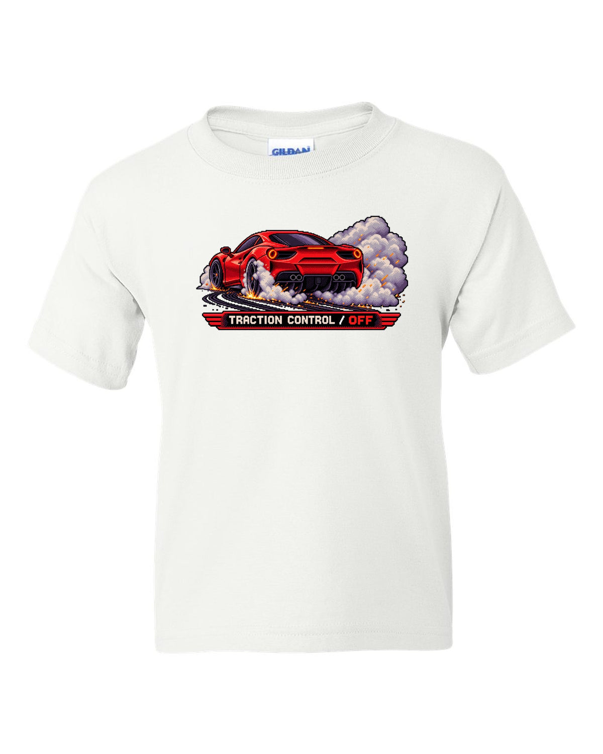 Pixel art Ferrari 488 GTB burnout with traction control off text white kids tee front view with the design
