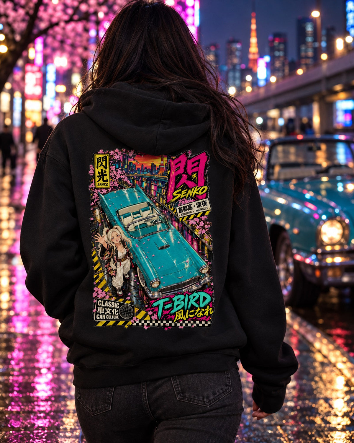 SENKO T-BIRD Anime Girl Full-Back Graphic Tee Pull Over Hoodie Black worn hero