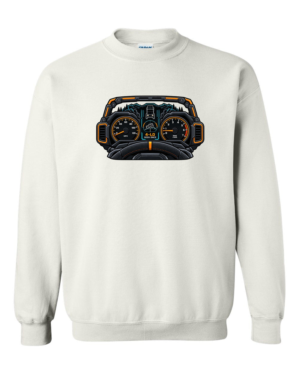 Ford Bronco 6G U725 gauge cluster HUD print white crewneck front view with the design