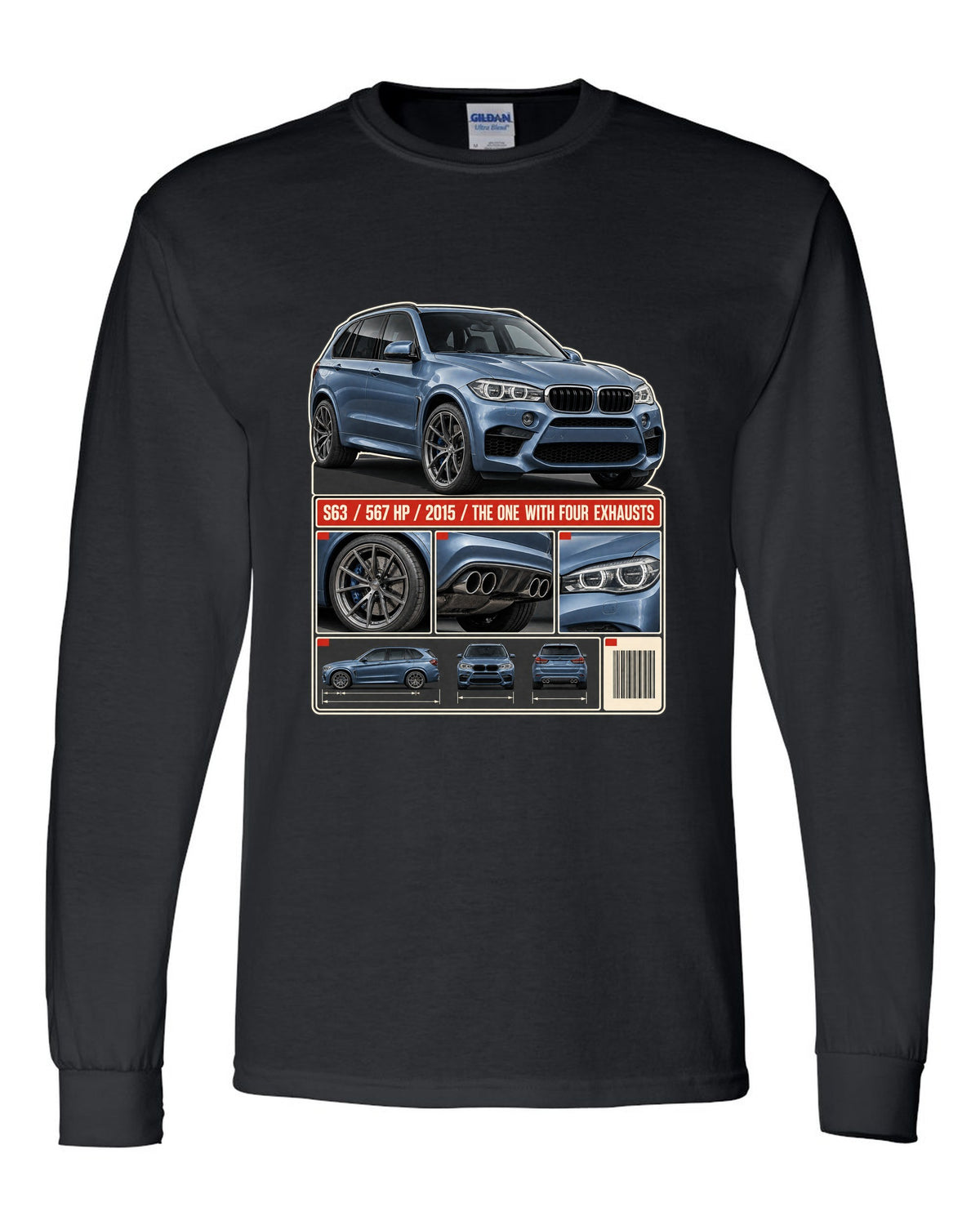 BMW X5 M F85 dossier panels print on a tee black long sleeve front view with the design