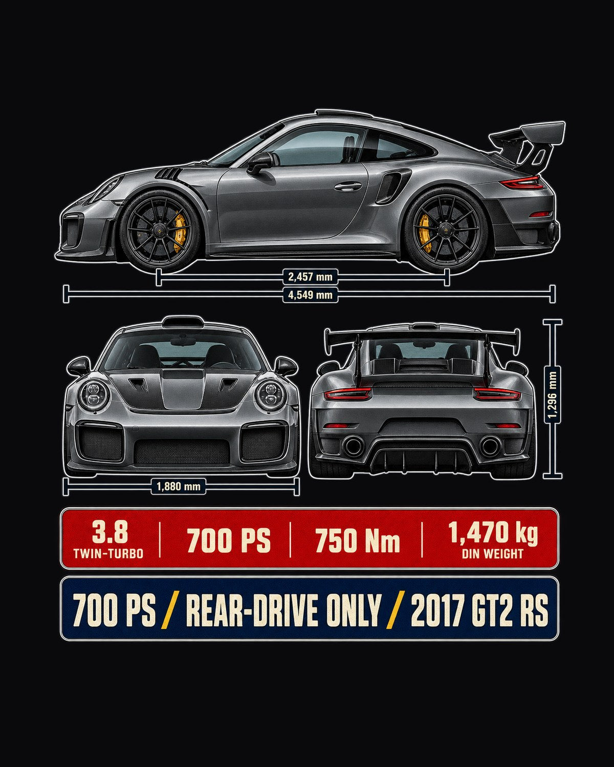 Porsche 911 GT2 RS 991.2 Three-View Dossier Shirt, Car Tee design only