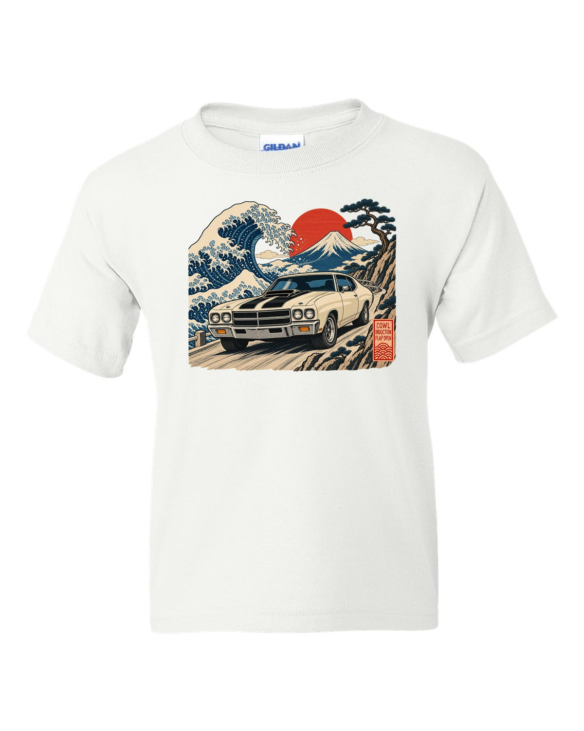 Ukiyo-e woodblock print of a 1970 Chevelle SS with the text Cowl Induction, Flap Open white kids tee front view with the design