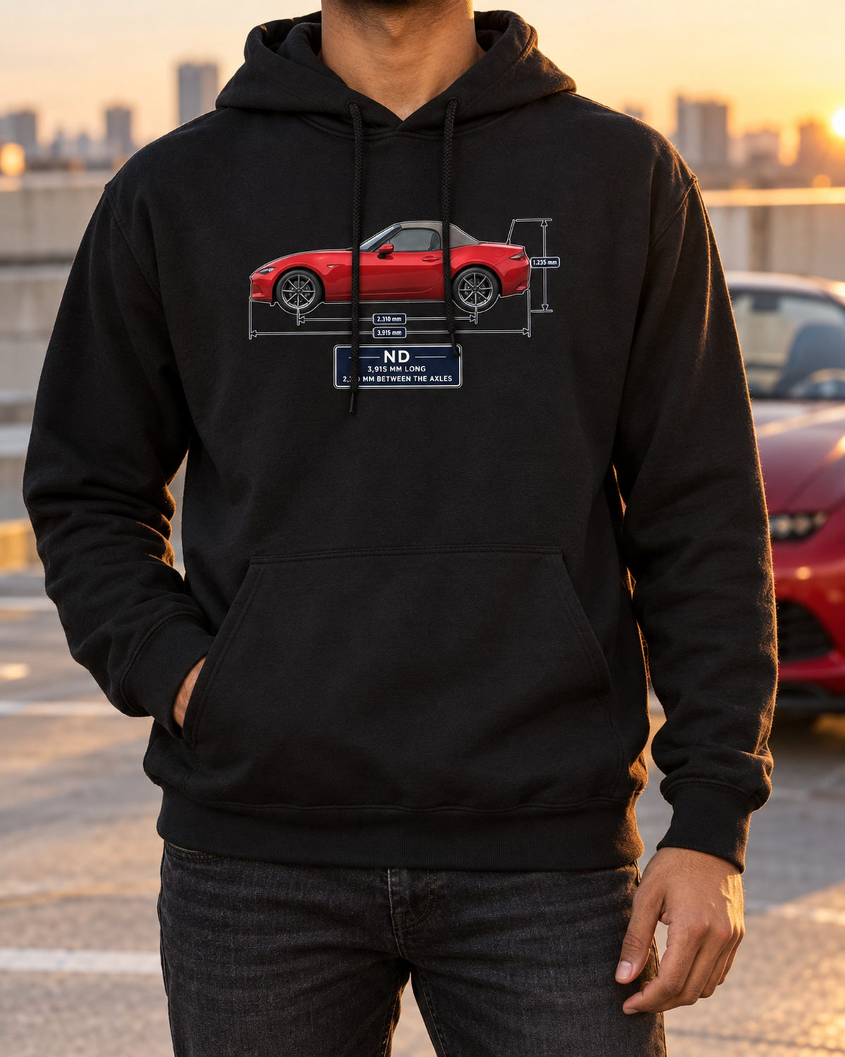 Mazda MX-5 ND1 Soft Top Dimension Blueprint Shirt, Miata Gift Pull Over Hoodie Black worn hero