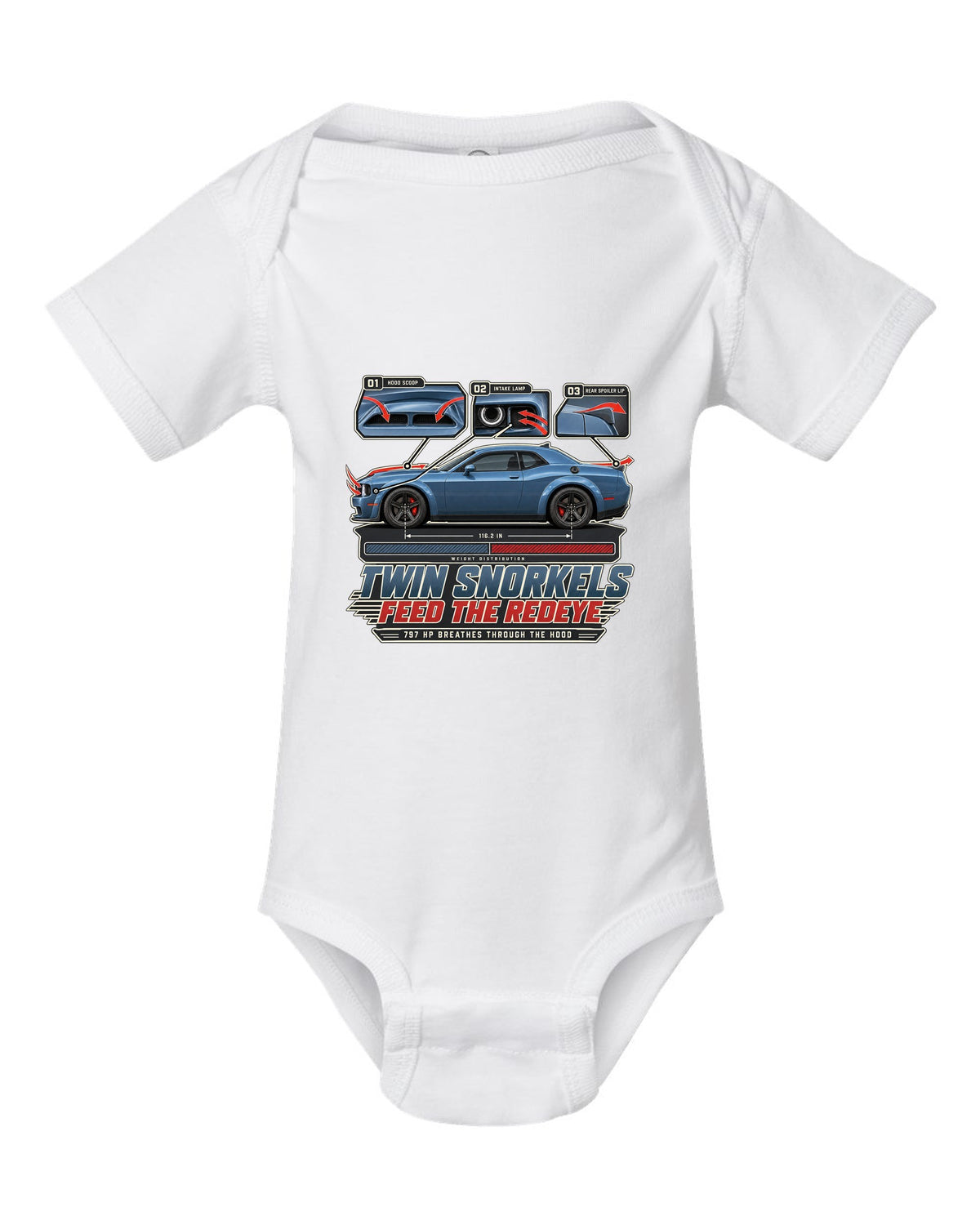 Dodge Challenger Hellcat Redeye Widebody aero callouts showing twin hood snorkels white baby onesie front view with the design