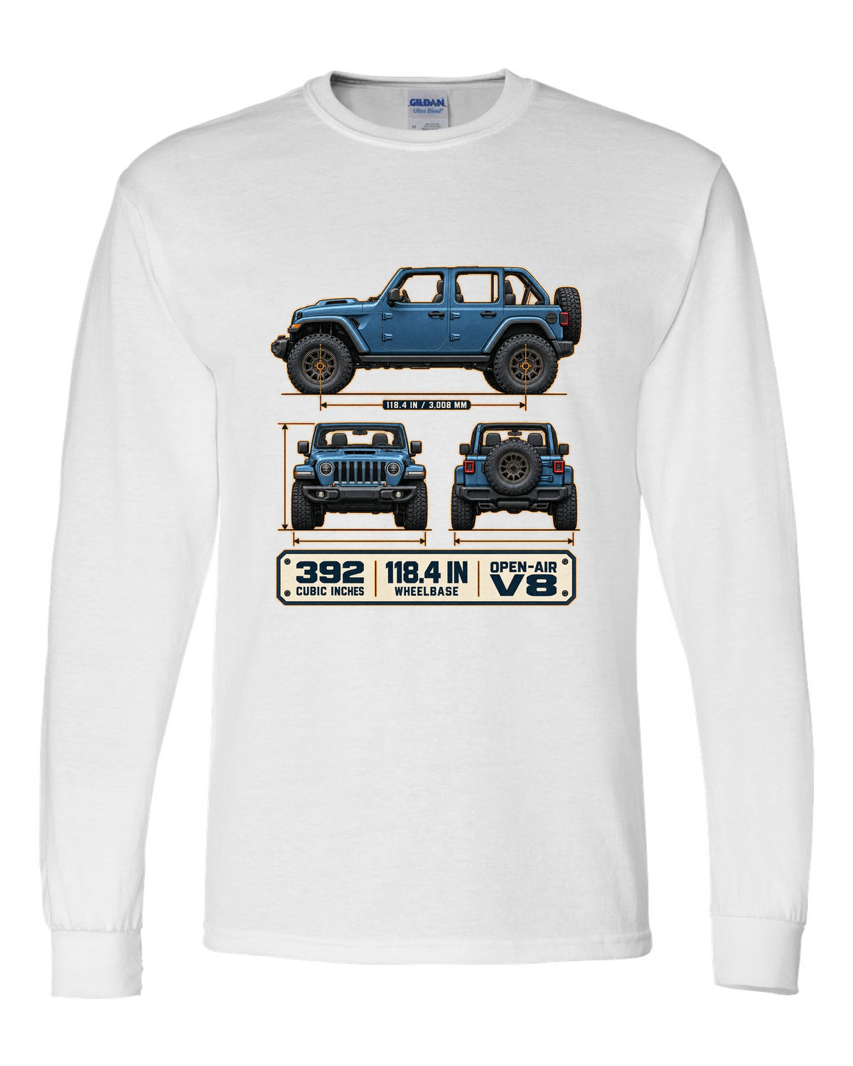 Dimension blueprint print of the Jeep Wrangler Rubicon 392 JL showing wheelbase and V8 white long sleeve front view with the design