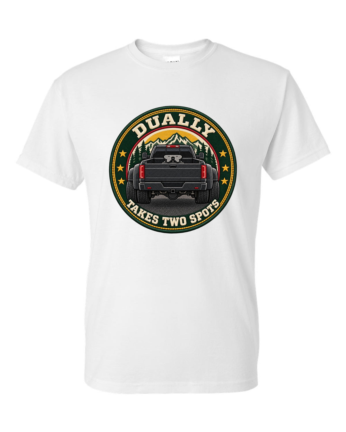 Varsity crest print for a 2019-2024 Ram HD 3500 dually with fifth wheel and takes two spots text white t-shirt front view with the design