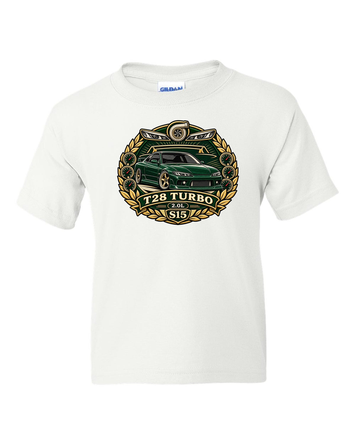 Round crest print for the Nissan Silvia S15 with turbo 2.0L engine lettering white kids tee front view with the design