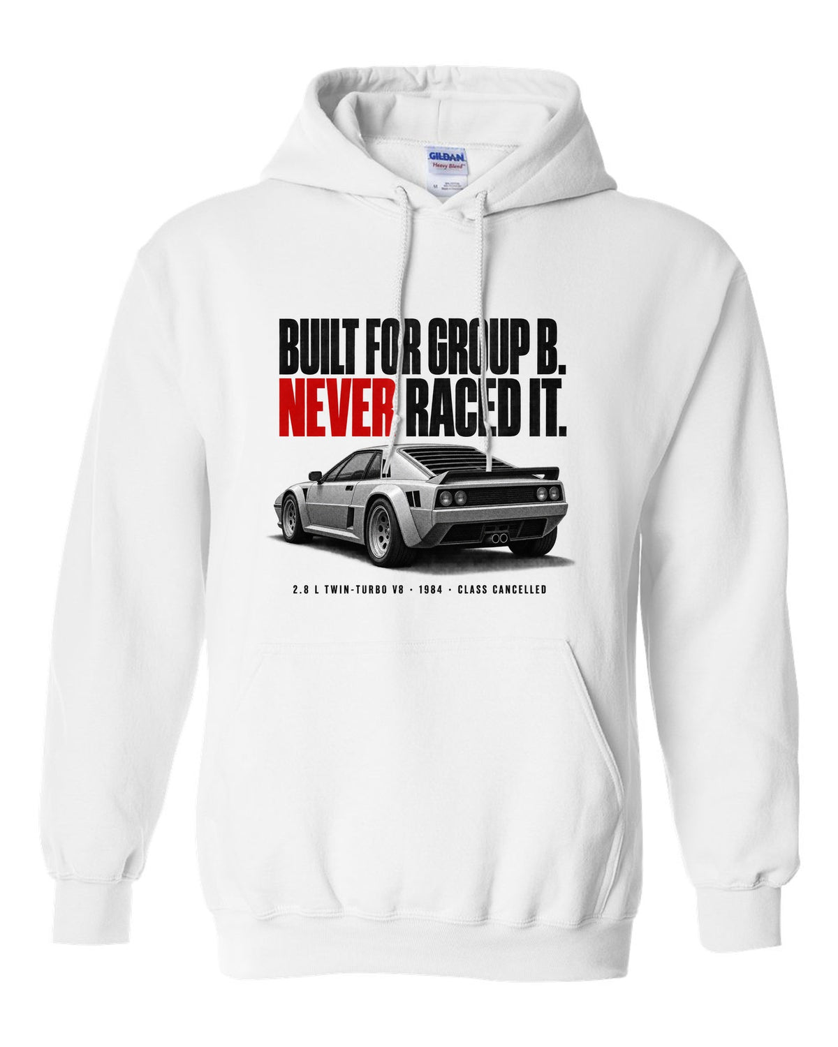 Ferrari 288 GTO 1984 rear three-quarter halftone print, built for Group B, never raced it white pull over hoodie front view with the design