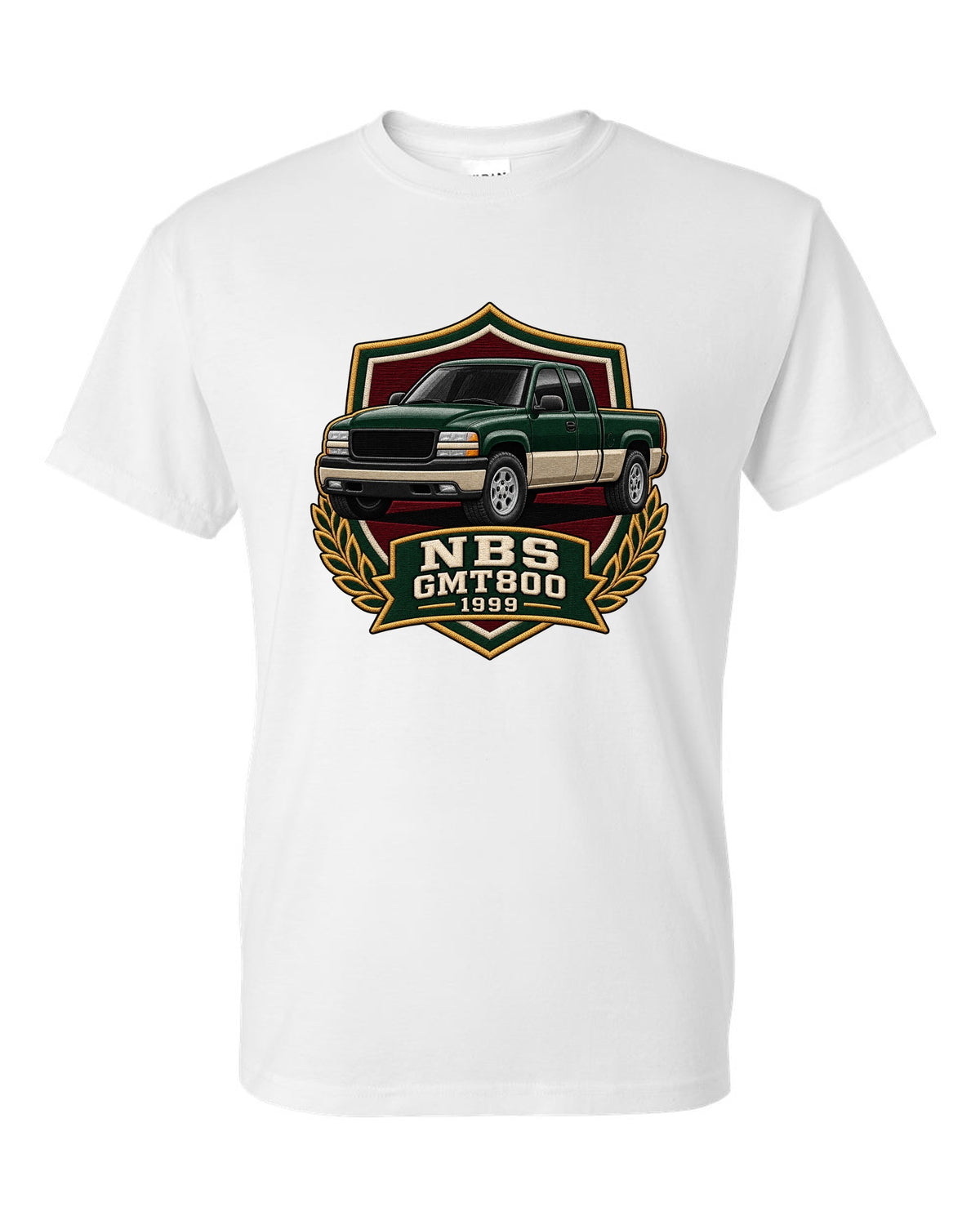 Varsity shield crest print for a 1999-2006 Chevrolet Silverado NBS GMT800 with NBS GMT800 1999 text white t-shirt front view with the design