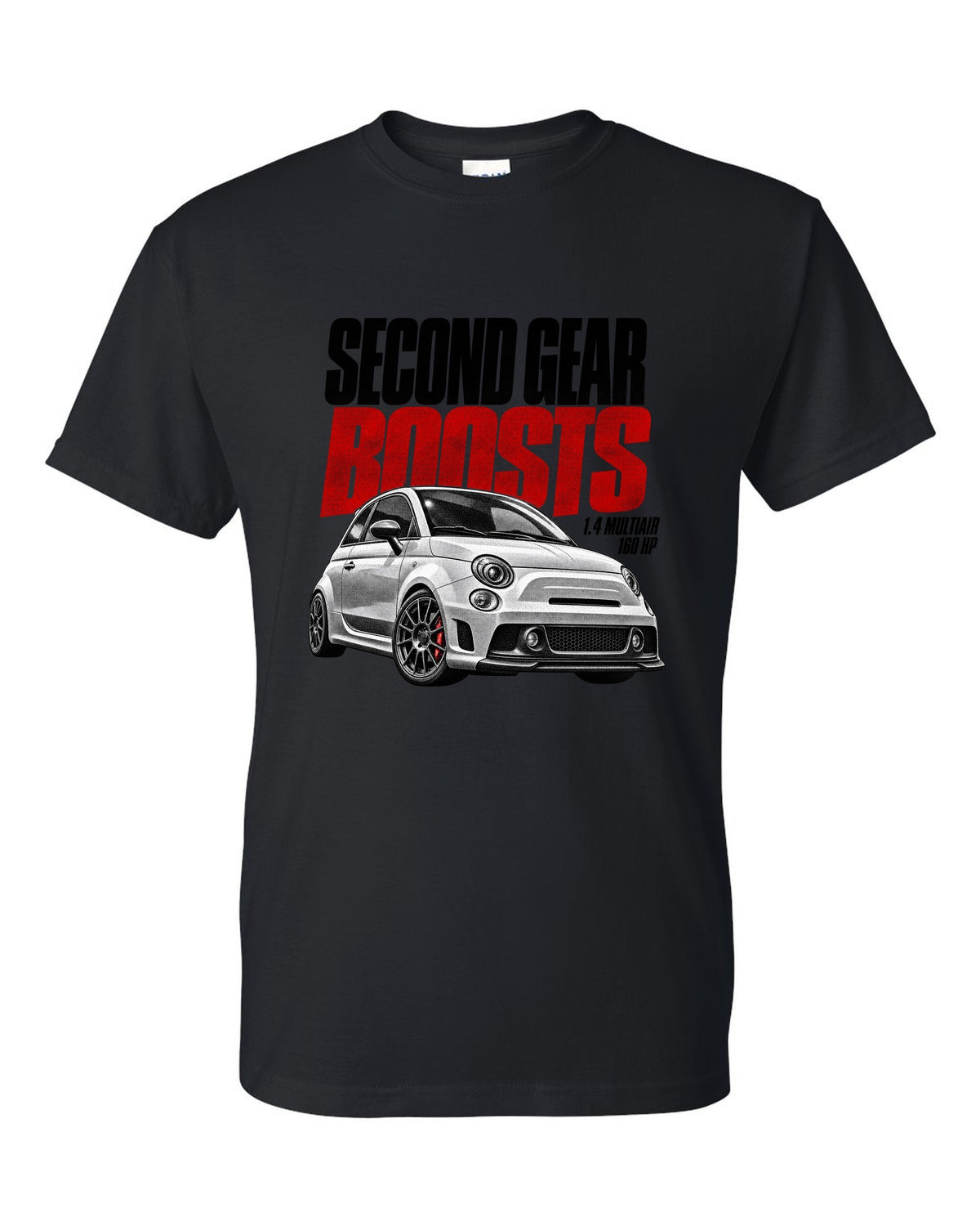 Halftone print of a Fiat 500 Abarth with 1.4 MultiAir and 160 HP text black t-shirt front view with the design