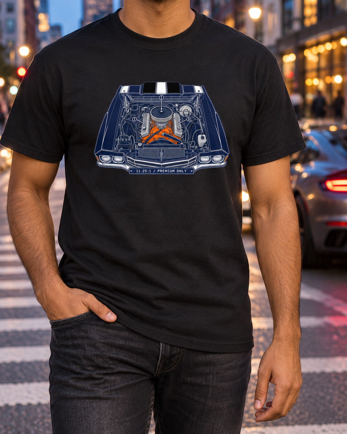Chevrolet Chevelle SS LS6 1970 Engine Bay Blueprint Shirt T-Shirt Black worn hero