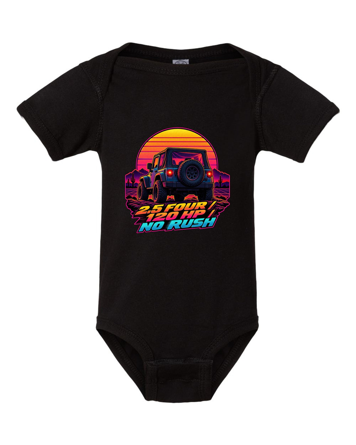 Synthwave sunset illustration of a Jeep Wrangler TJ tailgate with 2.5 FOUR 120 HP NO RUSH lettering black baby onesie front view with the design