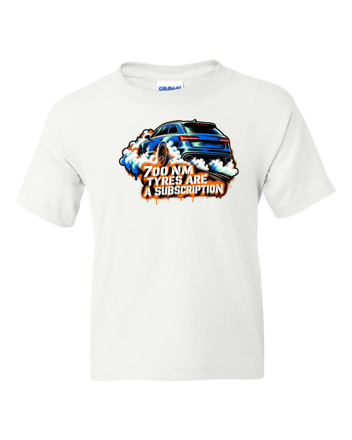 Stencil spray street art design of the Audi RS6 Avant C7 4G with 700 Nm and tyres are a subscription lettering white kids tee front view with the design