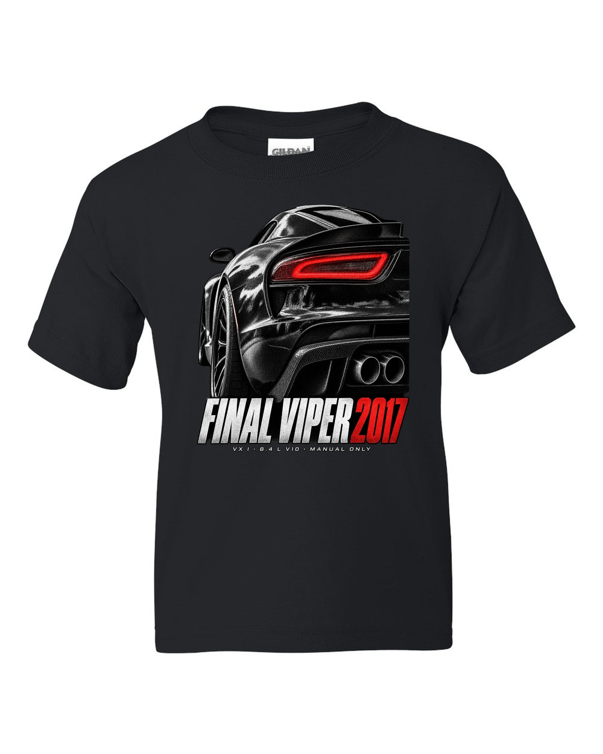 2014 Dodge Viper SRT VX I rear taillight macro print with Final Viper 2017 lettering black kids tee front view with the design