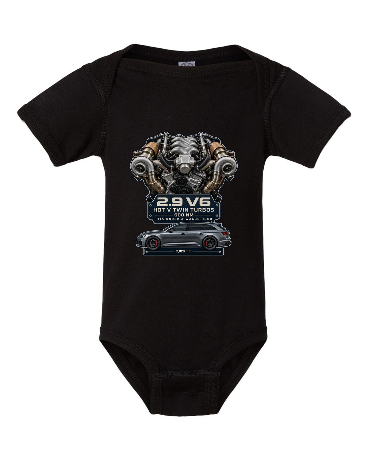 Audi RS4 B9 2.9 TFSI hot-V twin-turbo V6 engine graphic print black baby onesie front view with the design