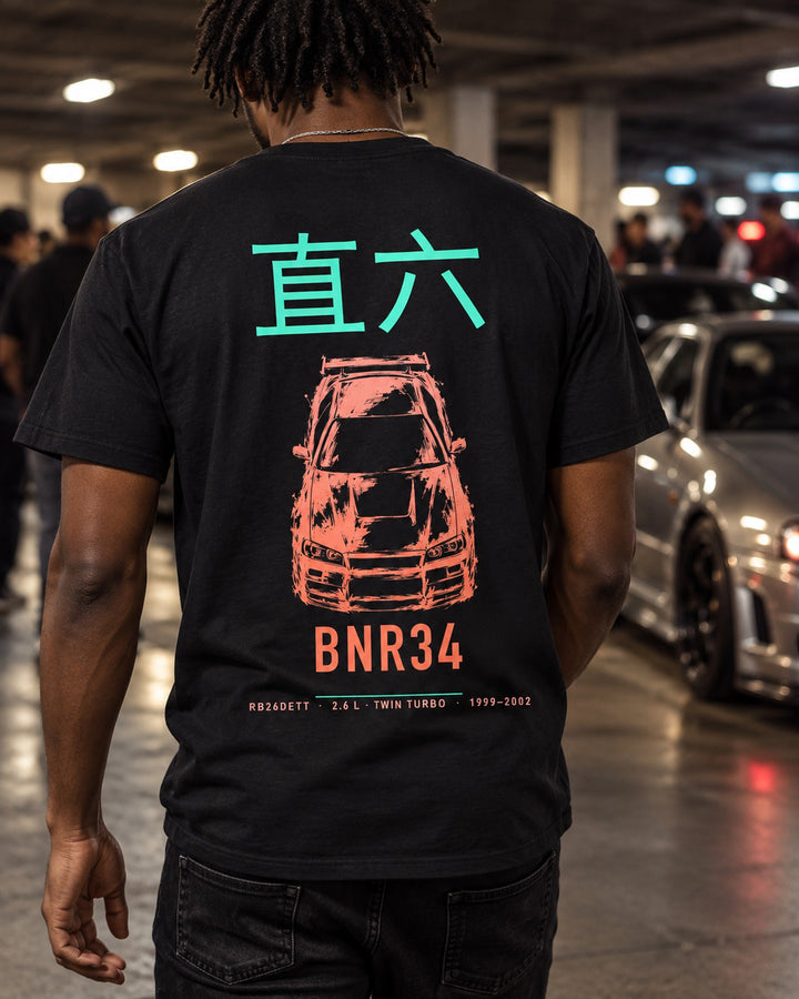 BNR34 RB26DETT Full-Back Graphic Tee T-Shirt Black worn hero