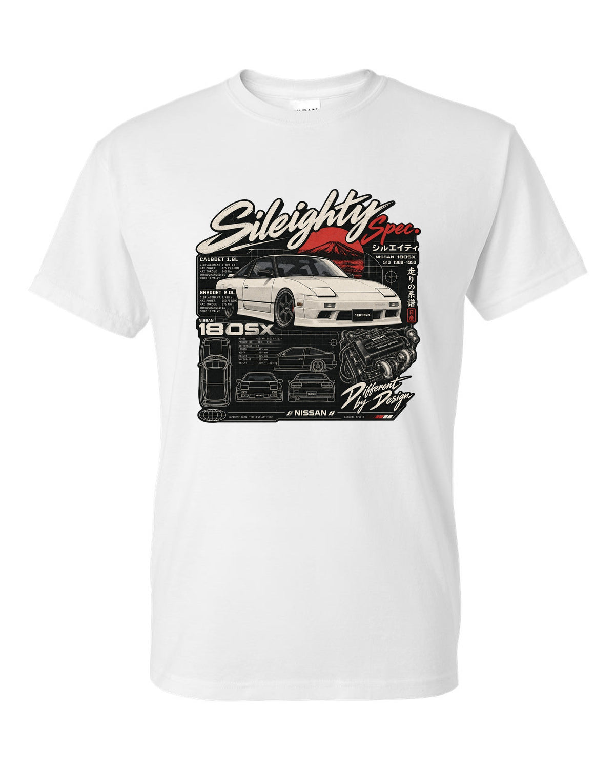 Spec-sheet data plate print for the Nissan 180SX S13 listing CA18DET and SR20DET engines white t-shirt front view with the design