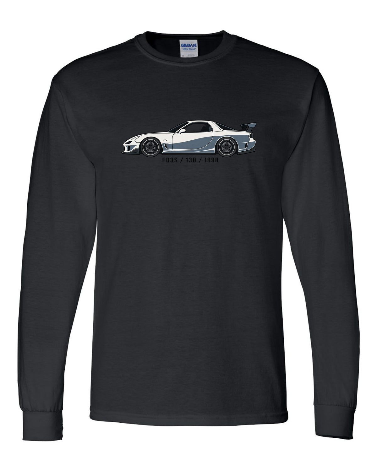 Embroidery-style varsity crest for the Mazda FD3S RX-7 reading TWIN TURBO SEQUENTIAL 1991 black long sleeve front view with the design