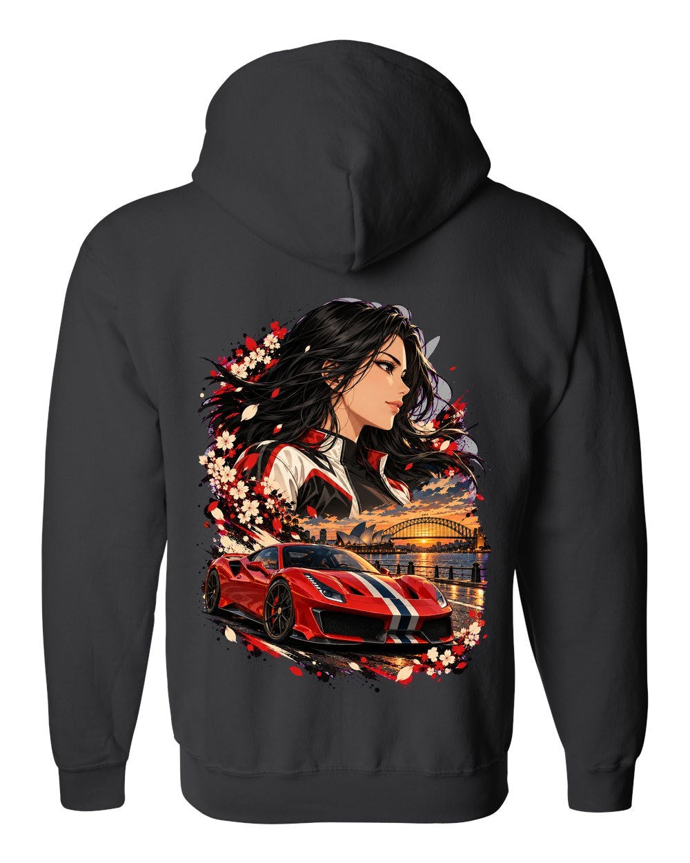 Ferrari 488 Pista Anime Girl Zip Hoodie Black back
