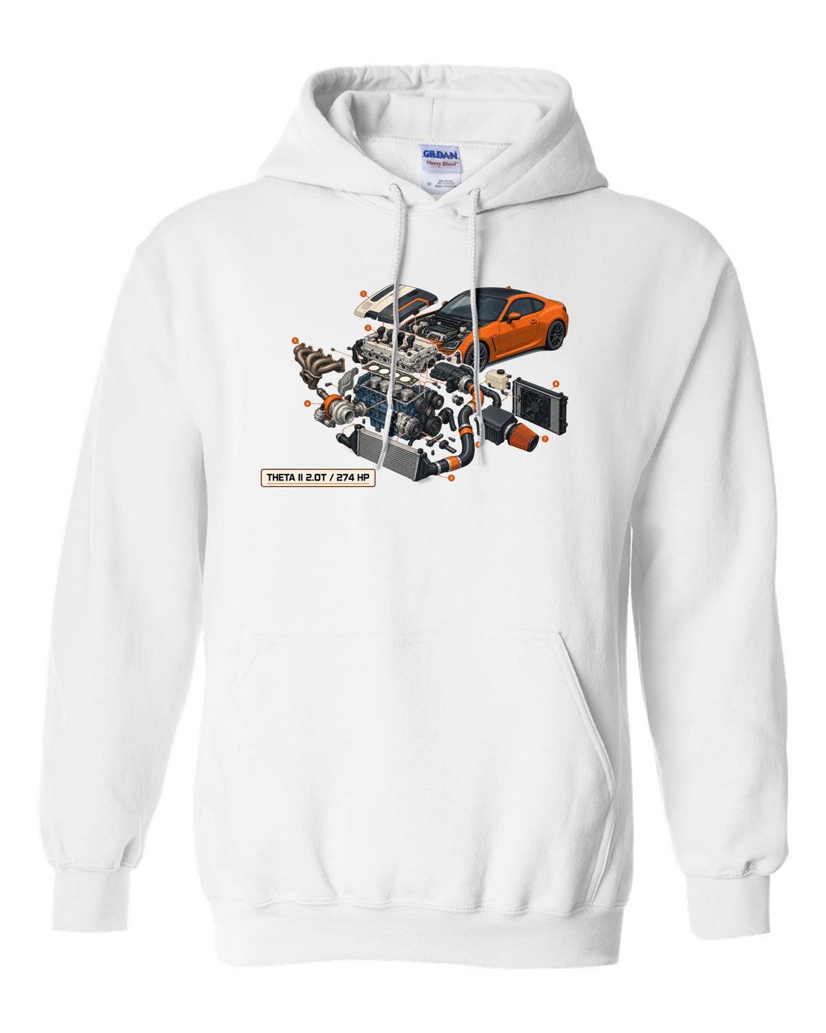 Hyundai Genesis Coupe BK2 isometric exploded cutaway print with Theta II 2.0T and 274 HP white pull over hoodie front view with the design
