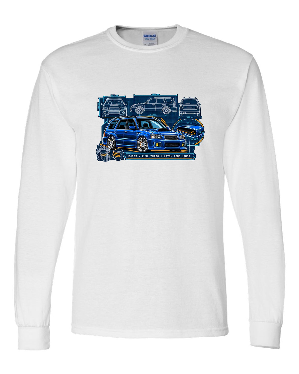 Technical blueprint of a Subaru Forester SG9 with hood scoop and EJ255 2.5L turbo text white long sleeve front view with the design