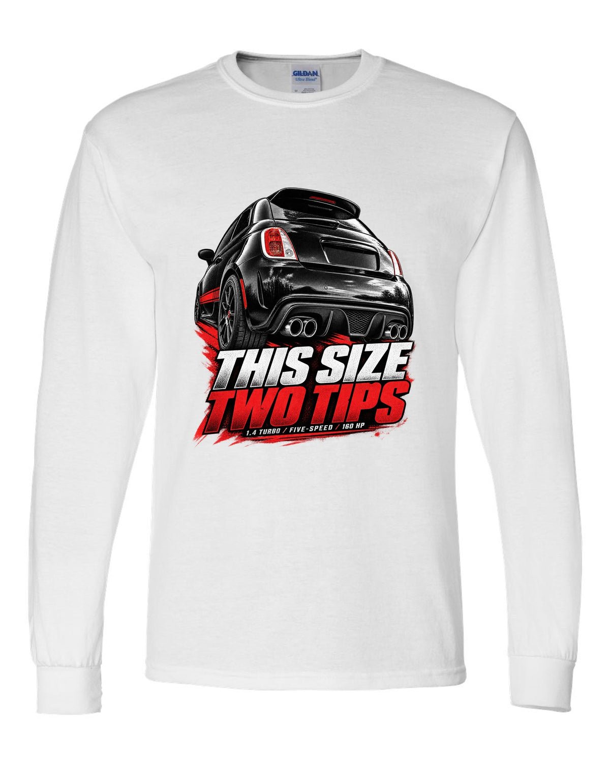 Low rear crop of a US Fiat 500 Abarth exhaust and diffuser on a print white long sleeve front view with the design