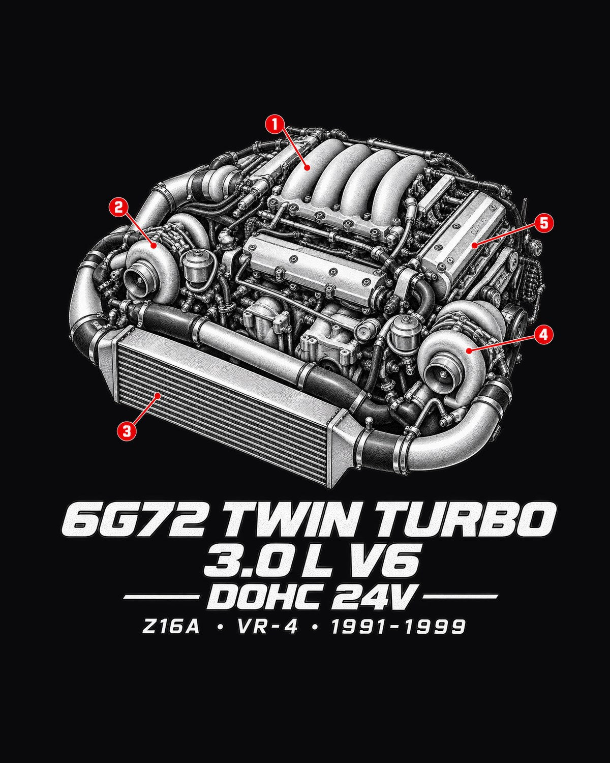 Mitsubishi 3000GT VR-4 Z16A Twin Turbo Engine Tee, 6G72 V6 design only