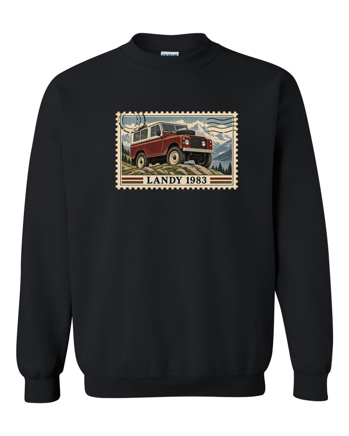 Vintage postage stamp print with perforated edge showing a Land Rover Defender 110, Landy 1983 black crewneck front view with the design