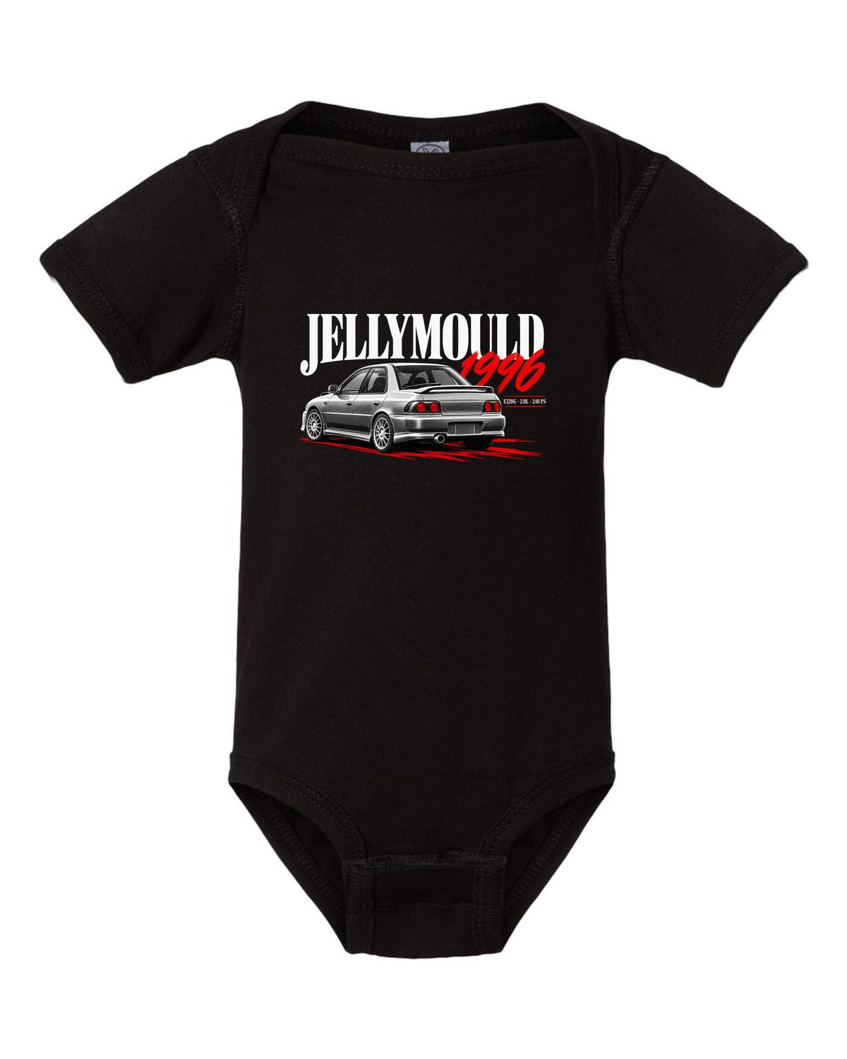 Subaru Impreza WRX GC8 saloon 1996 with Jellymould headline and EJ20G 240 PS text black baby onesie front view with the design
