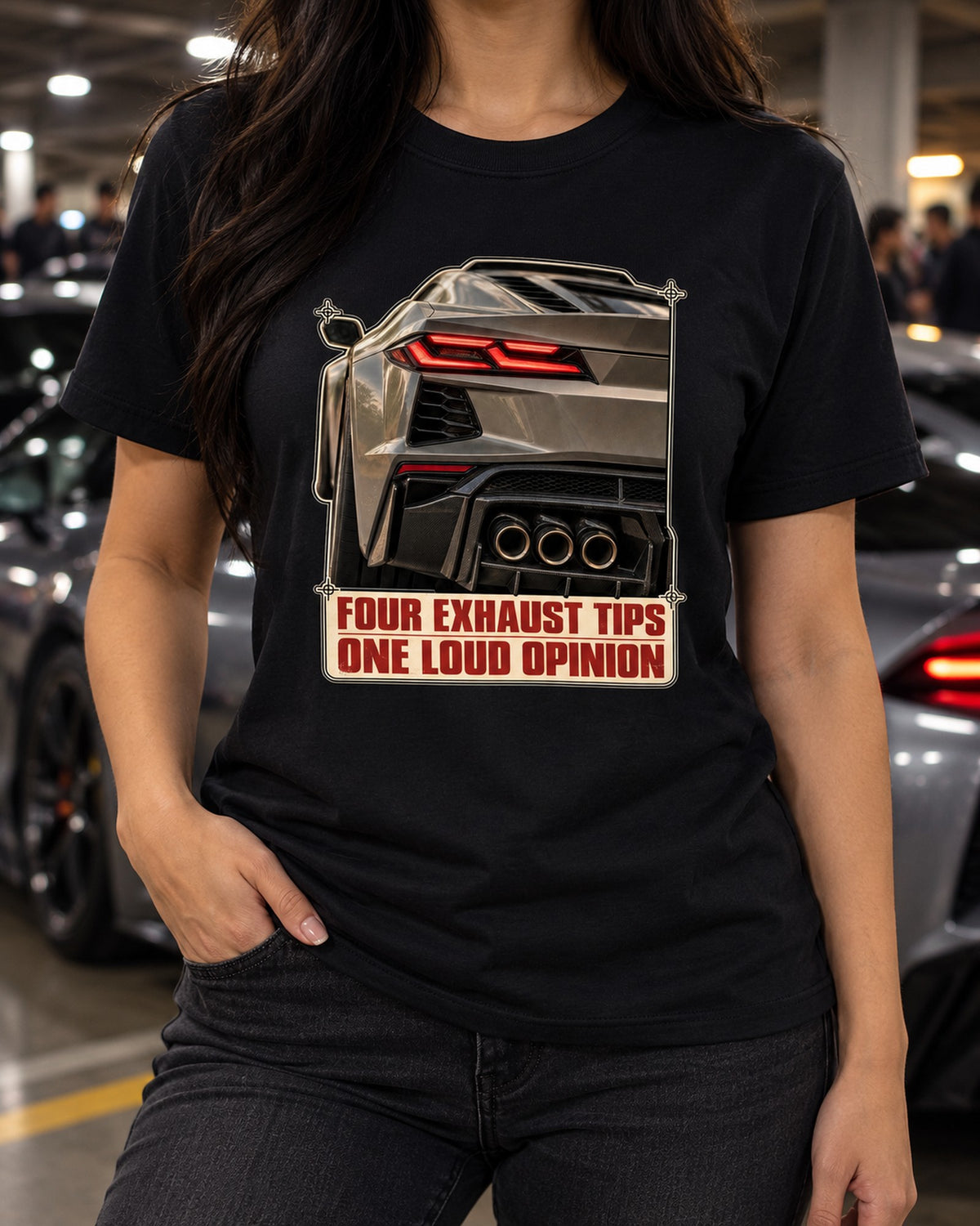 Chevrolet Corvette C8 Z06 Taillight Macro Tee, Four Exhaust Tips T-Shirt Black worn hero