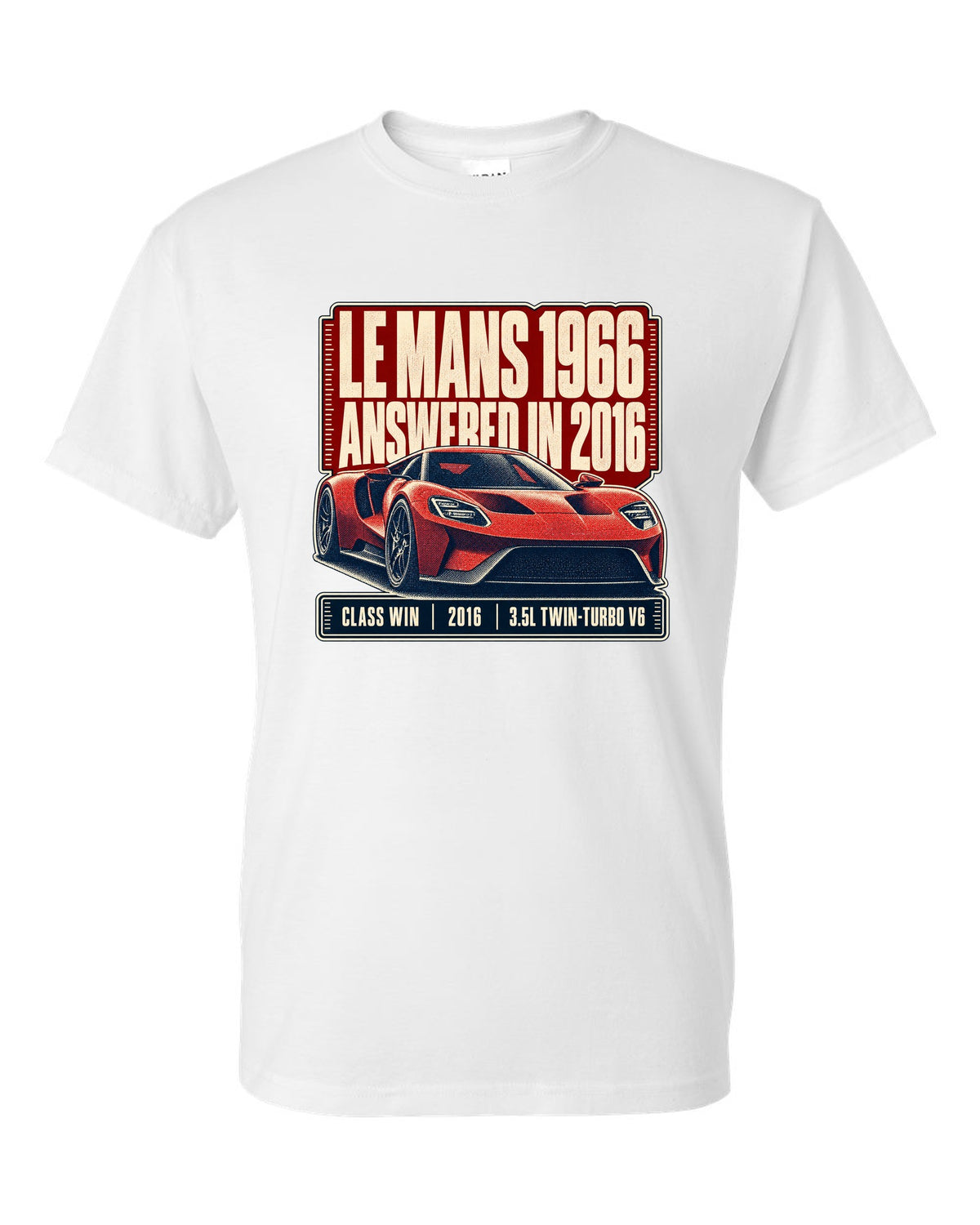 Halftone print of a Ford GT low front three-quarter with Le Mans 1966 and 2016 text white t-shirt front view with the design