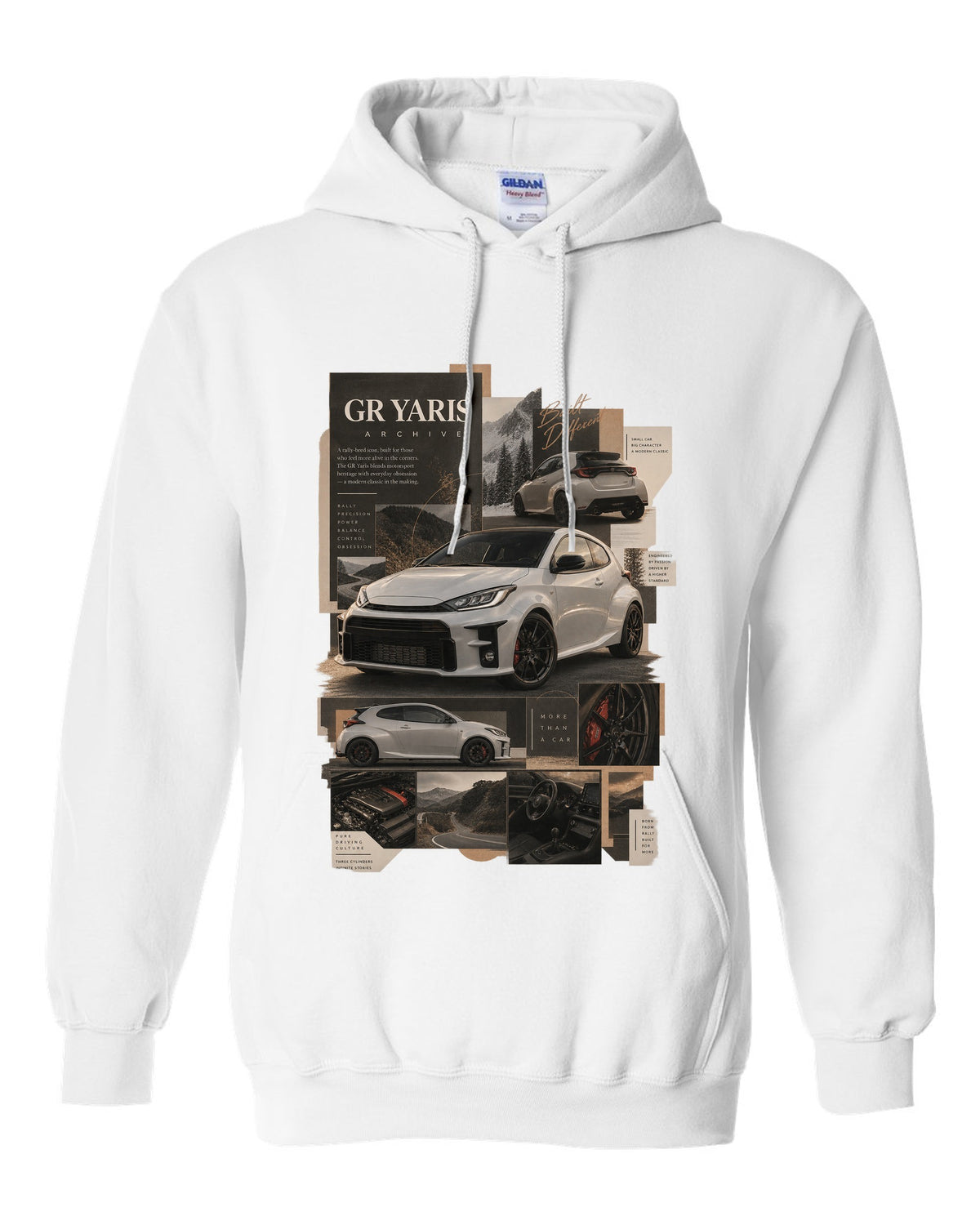 Three-view spec sheet of the Toyota GR Yaris XP210 three-door white pull over hoodie front view with the design