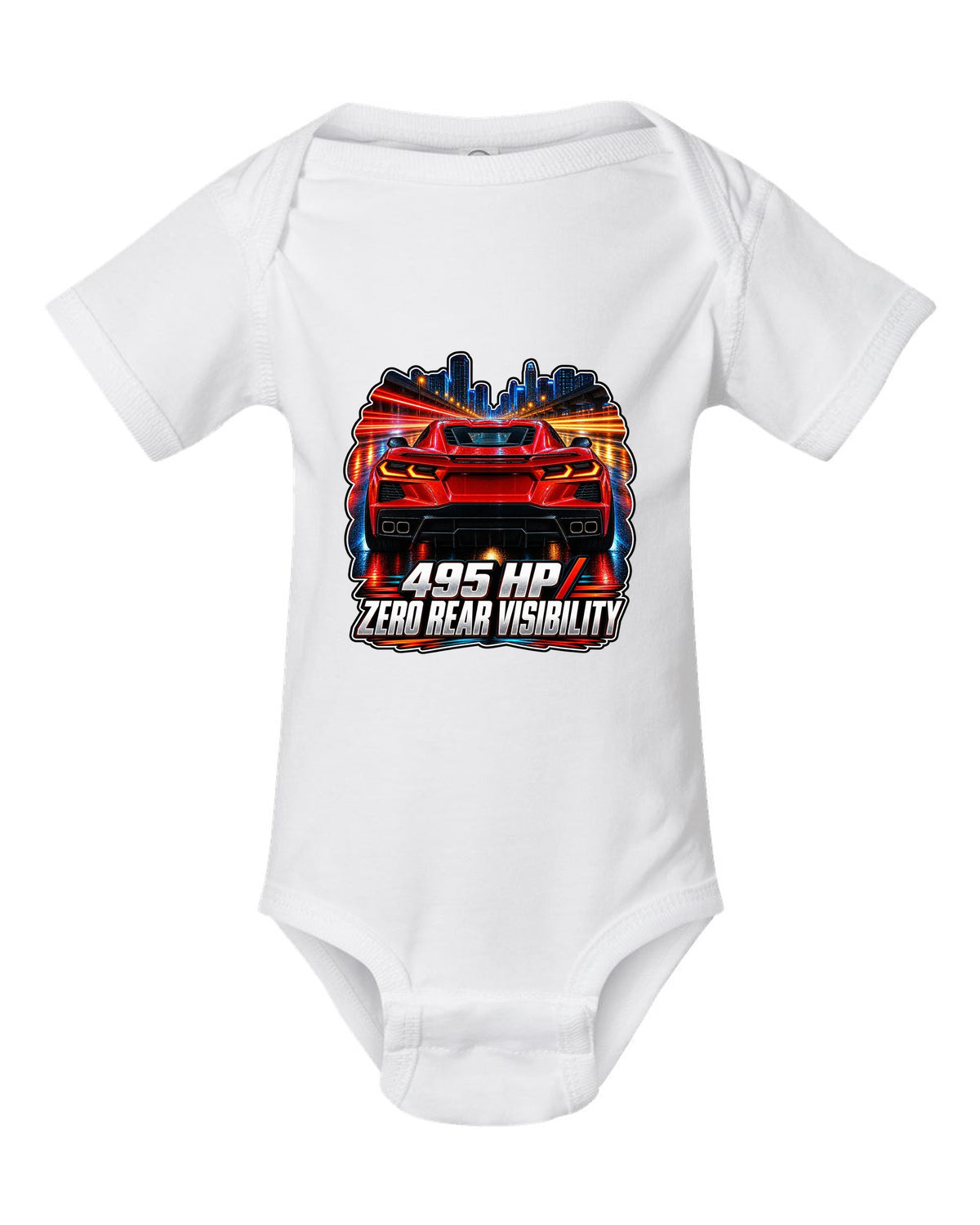 Long-exposure night poster print of a 2020 Chevrolet Corvette C8 Stingray with 495 HP zero rear visibility lettering white baby onesie front view with the design