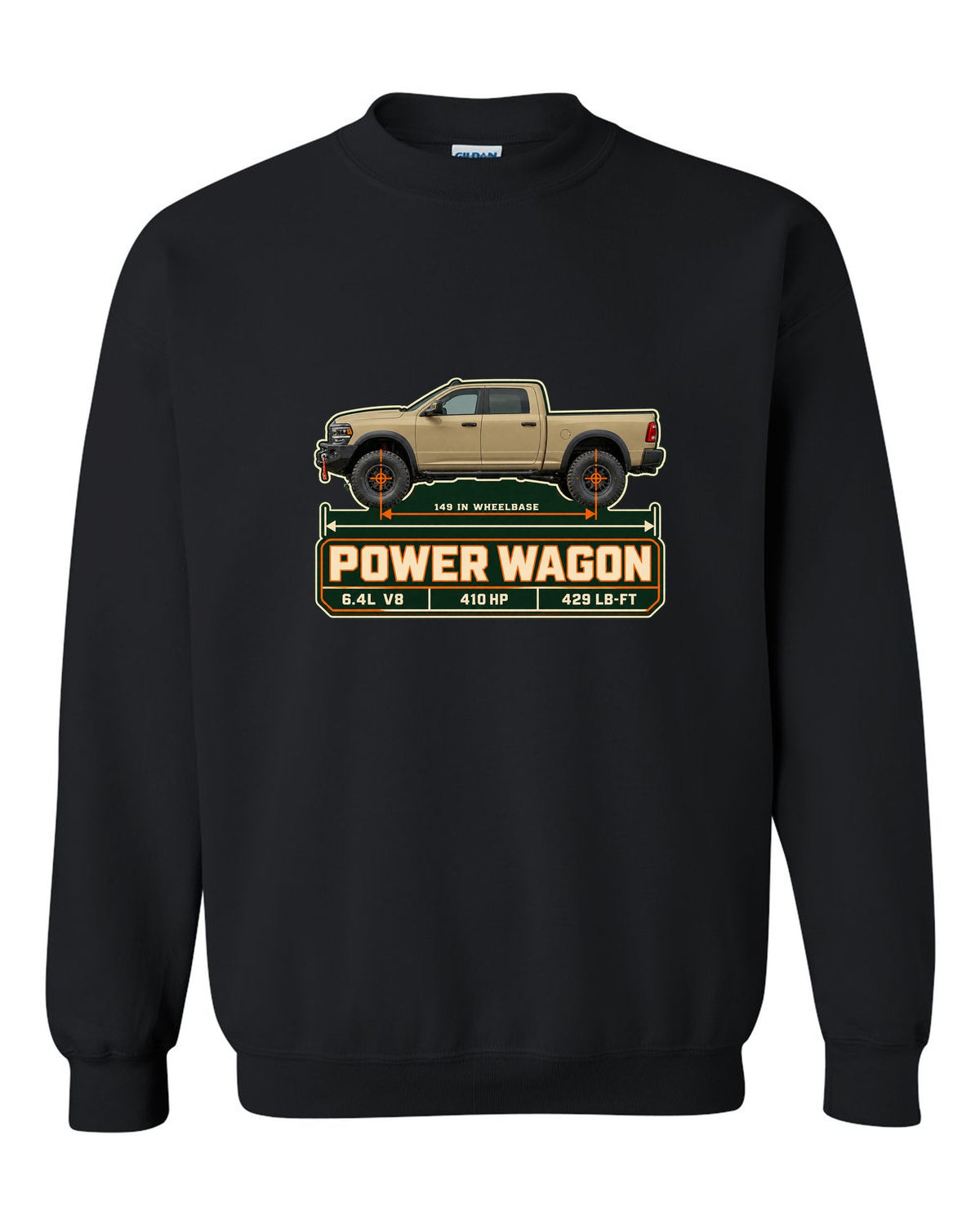 Ram 2500 Power Wagon dimension blueprint plate print with 149 inch wheelbase black crewneck front view with the design
