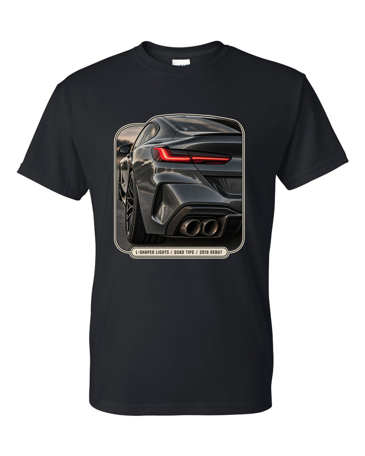 BMW M8 Competition F92 taillight detail macro print on a tee black t-shirt front view with the design