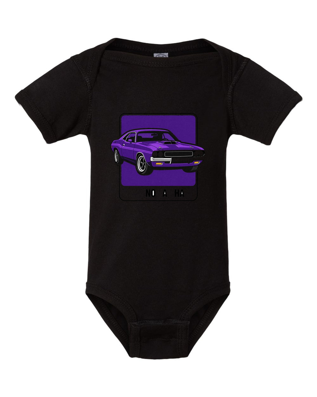 Minimal colour swatch card in Plum Crazy for a 1970 Dodge Challenger R/T with code FC7 black baby onesie front view with the design