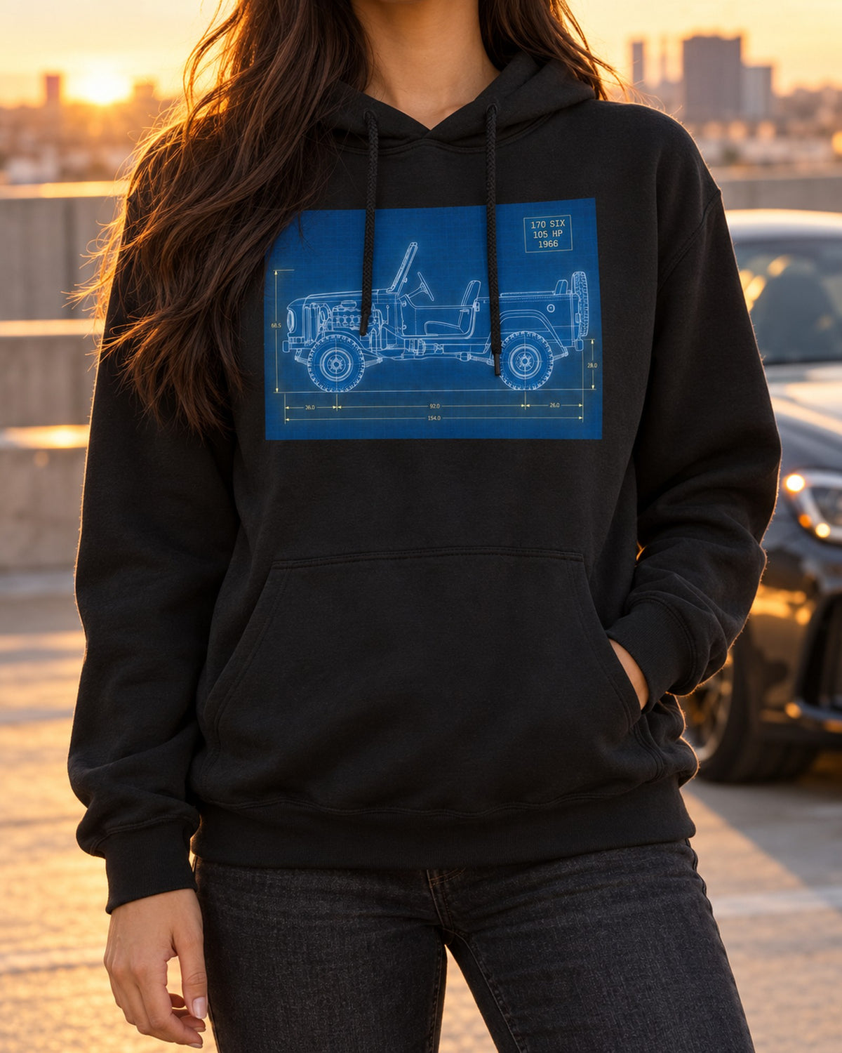 1966 Ford Bronco U13 Roadster Dawn Trailhead Blueprint Shirt Pull Over Hoodie Black worn hero
