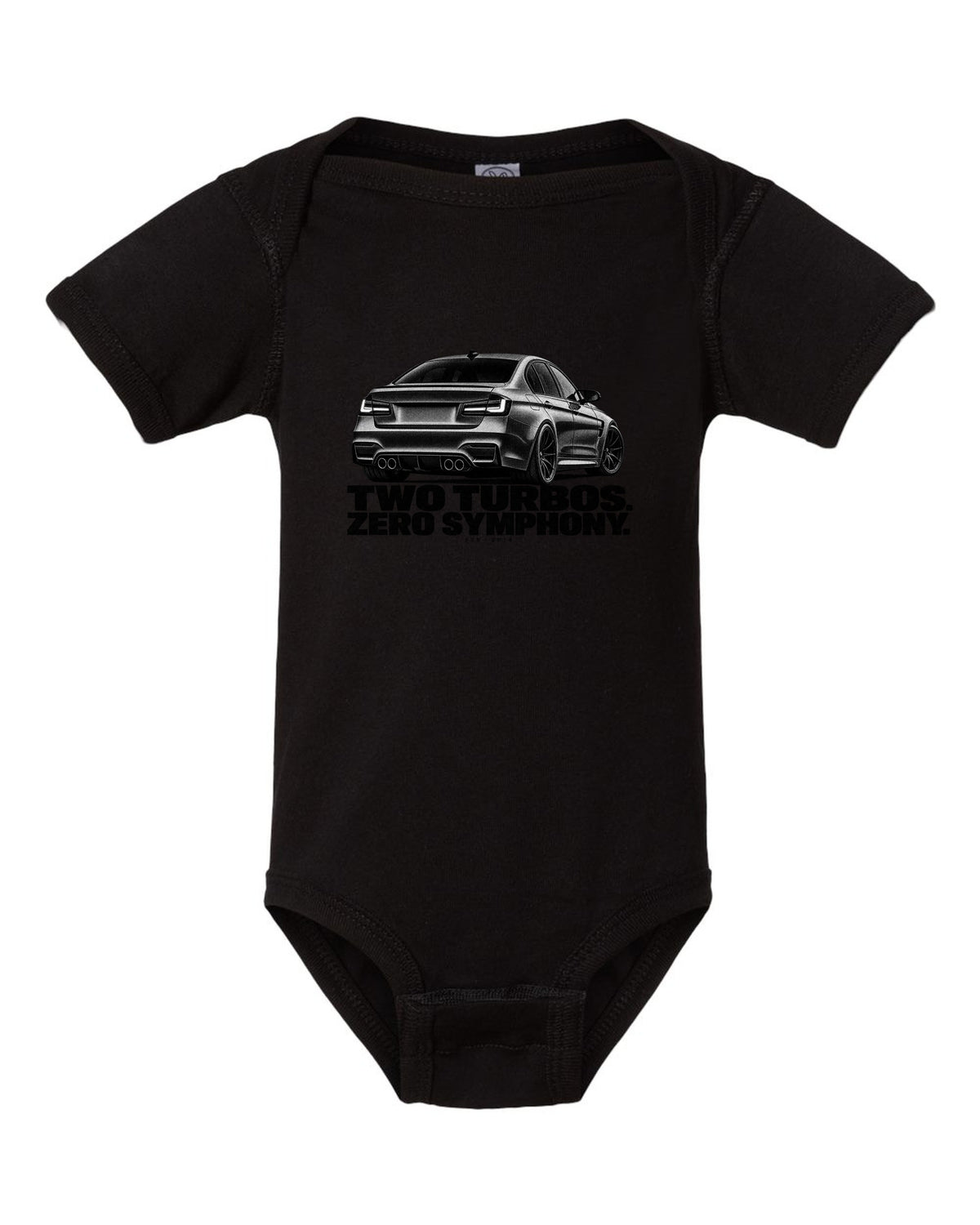 BMW F80 M3 sedan halftone print with two turbos zero symphony text black baby onesie front view with the design